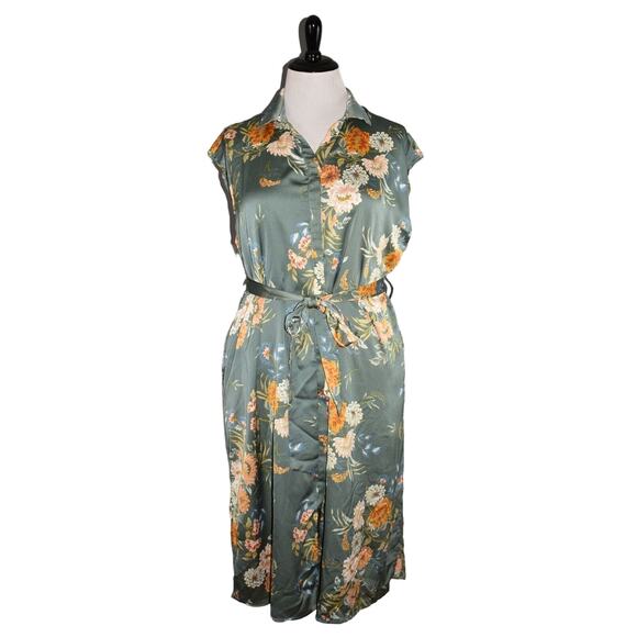 BISHOP‎ + YOUNG NEW $108 Button Down Belted Dress in Teal Floral 2XP - Picture 1 of 5